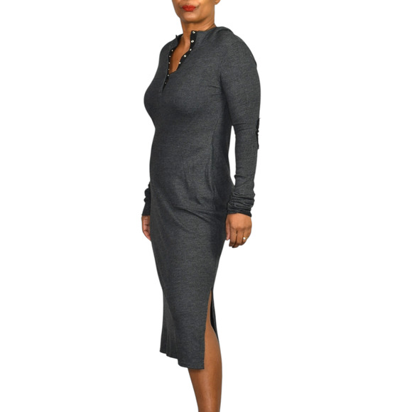Noctex Henley Sweater Dress Grey Charcoal Wool Midi Hooded Pockets Side Slits XS - Picture 6 of 15